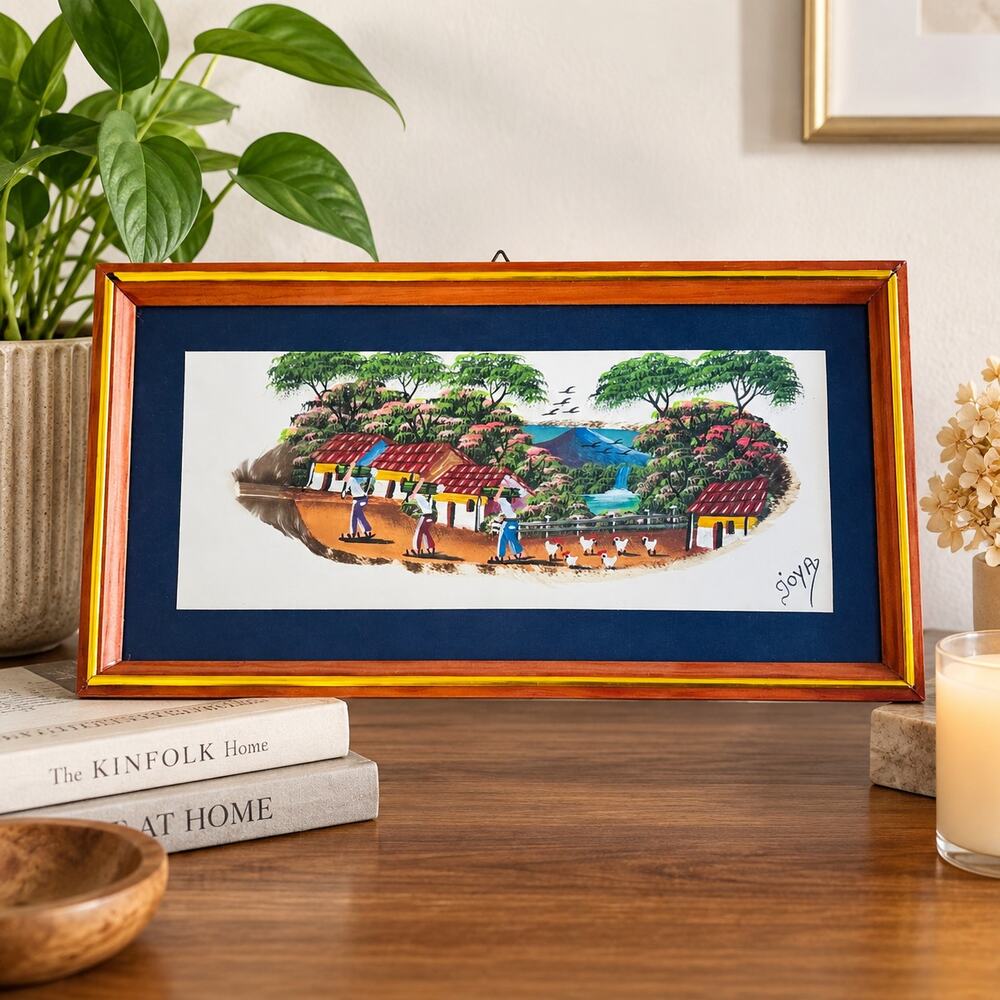Signed Hand Painted Feather Art Tropical Village Folk Art Framed 17.5"